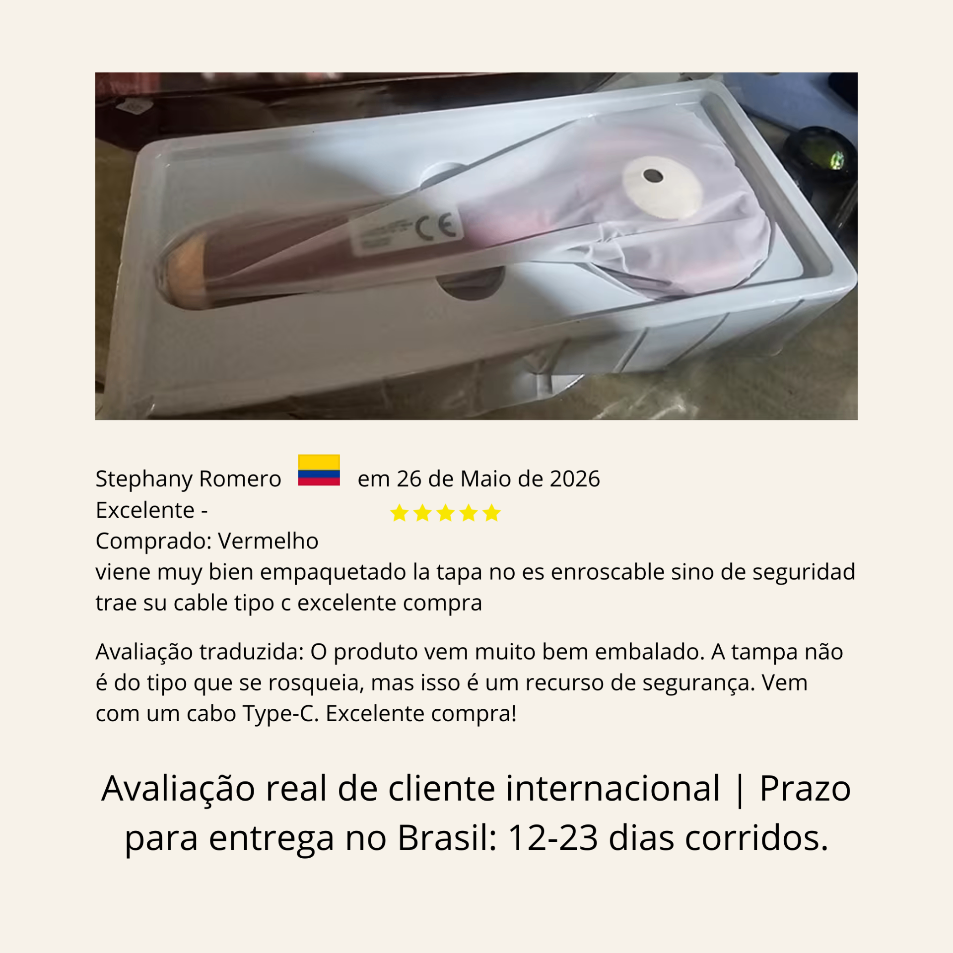 Avaliação de Stephany Romero (Colômbia) com foto do produto na embalagem